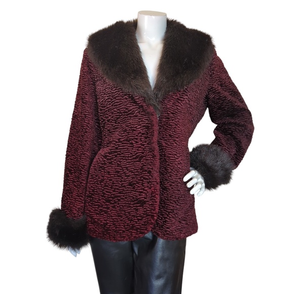 Vintage Burgundy Faux Persian Lamb Coat w/Faux Fur Trim Retro Glam - Picture 3 of 16